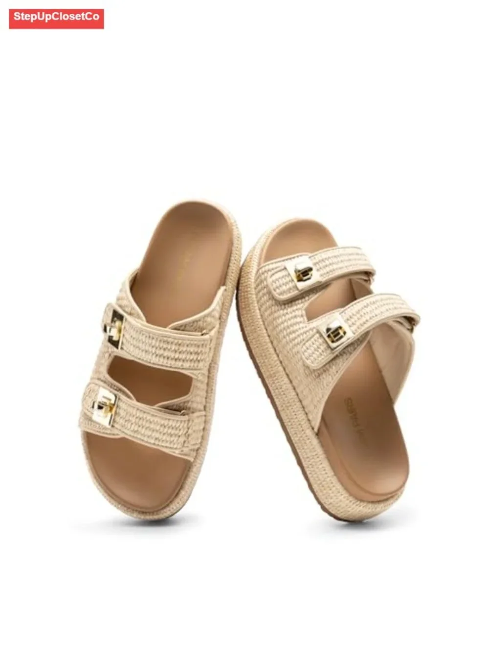 Raffia Espadrilles Platform Wedge Sandals Adjustable Buckle Slide